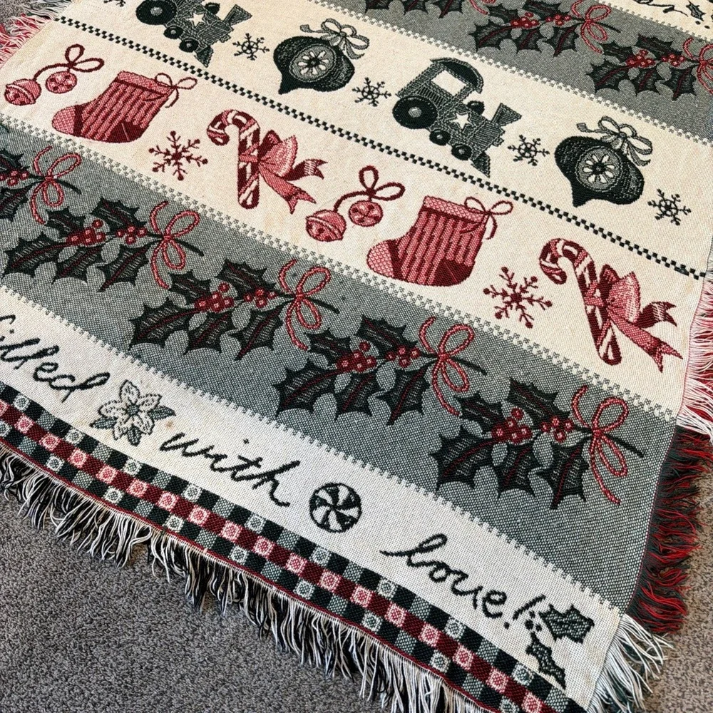 Vintage Woven Christmas Throw Blanket Holiday Trains Bells Flowers 54